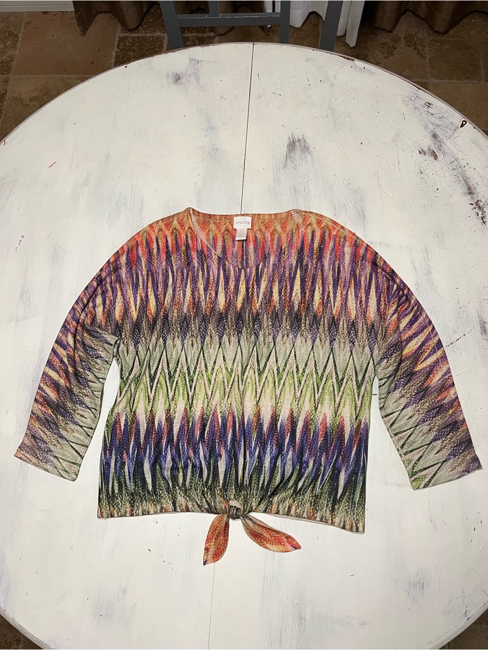 Chico’s Chevron Stripe 3/4 Sleeve Sparkly Tierra Tie Front Knit Top